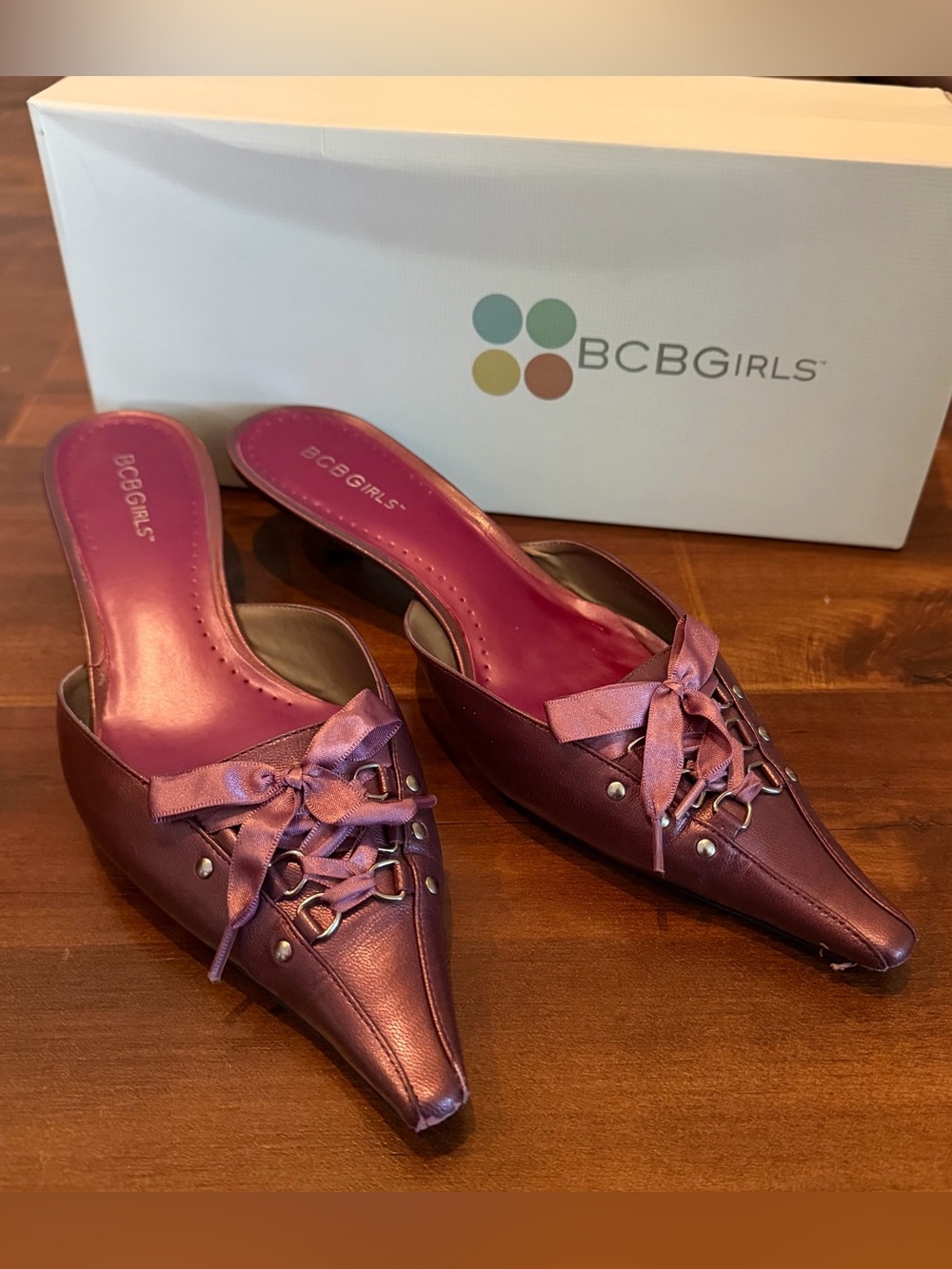 BCBGirls Purple Pointed Slip-On Mules with Bow and Studs